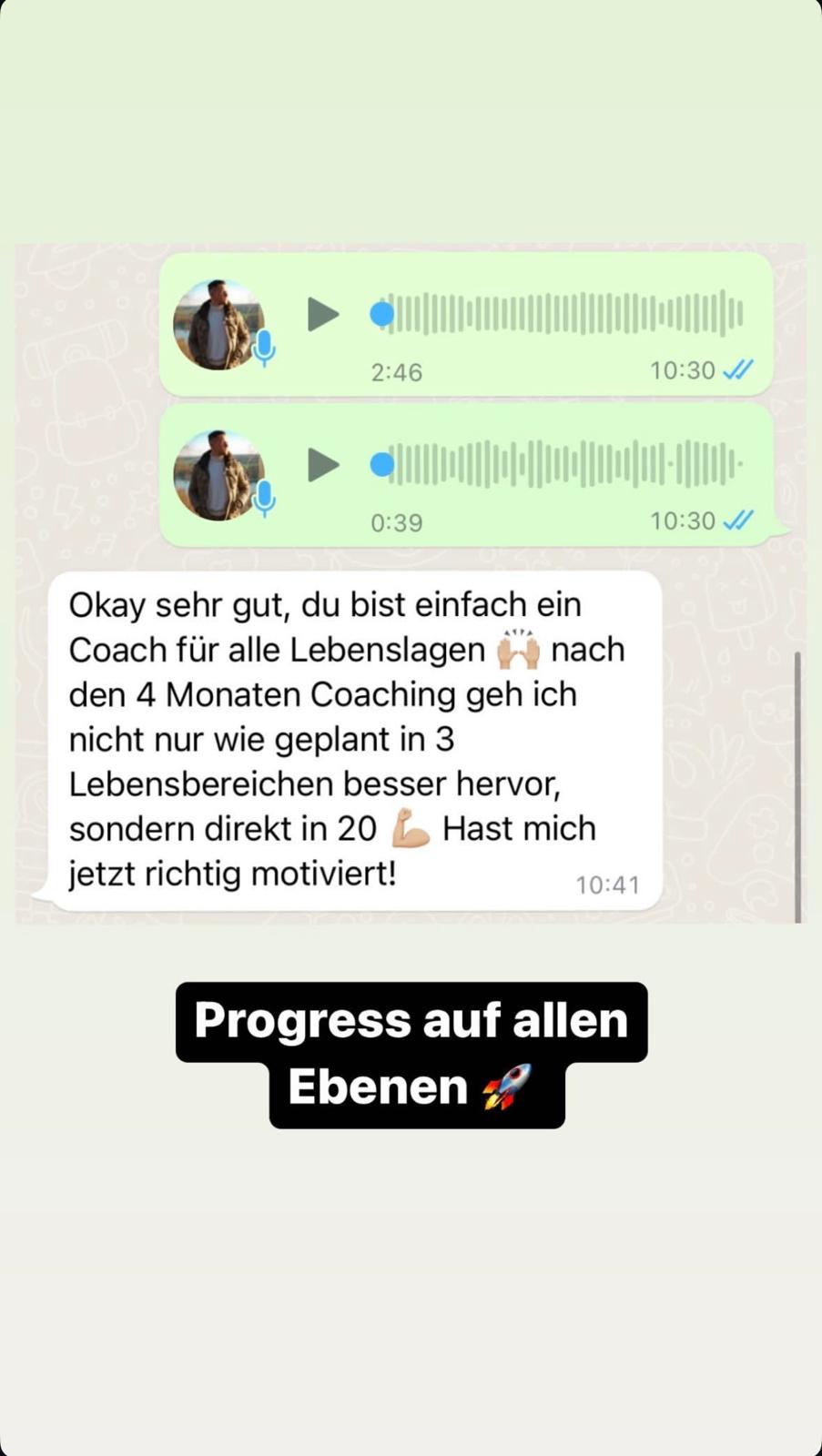 WhatsApp-Nachricht: Fortschritte in 20 Lebensbereichen nach vier Monaten.