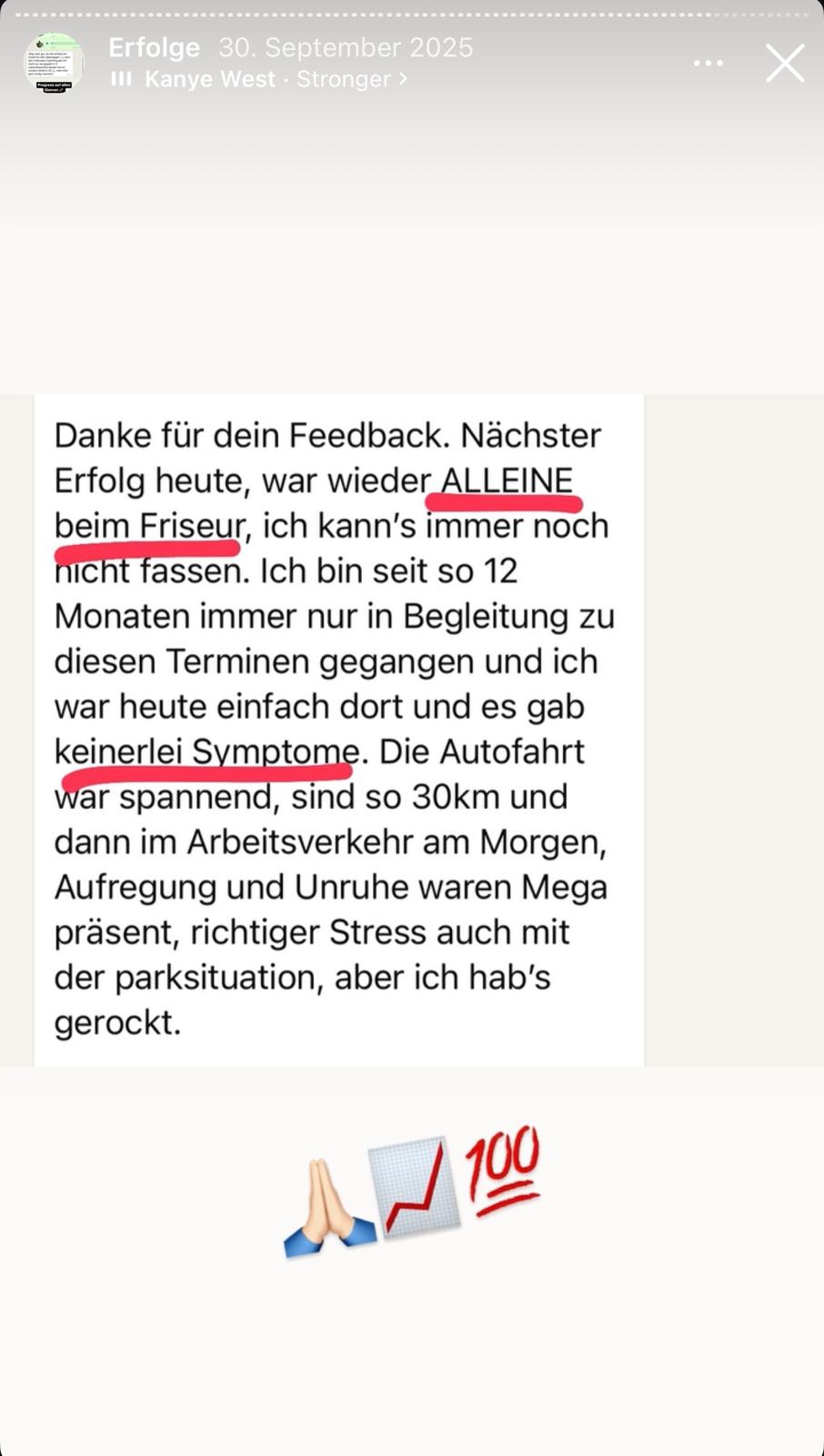 WhatsApp-Nachricht einer Klientin, die nach Monaten wieder alleine zum Friseur gefahren ist.