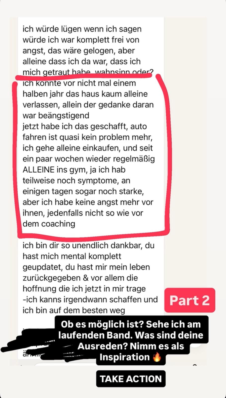 WhatsApp-Nachricht: Klient kann wieder Auto fahren, einkaufen und alleine ins Gym.
