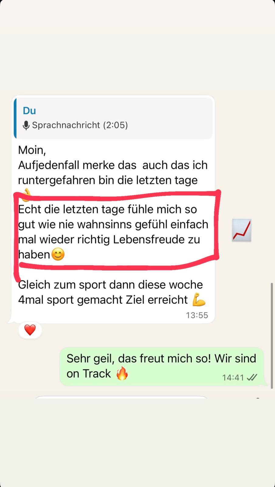 WhatsApp-Nachricht: Wieder Lebensfreude spüren und Sport-Ziele erreichen.