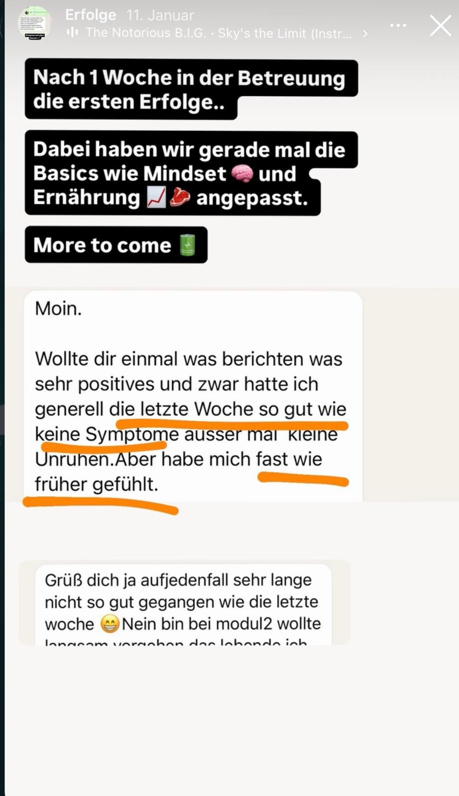WhatsApp-Nachricht: Nach einer Woche im Programm bereits spürbare Erfolge.