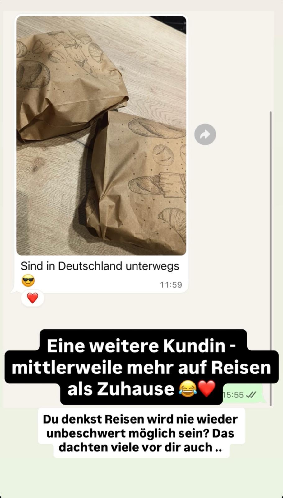 WhatsApp-Nachricht: Eine Klientin reist wieder regelmäßig durch Deutschland.