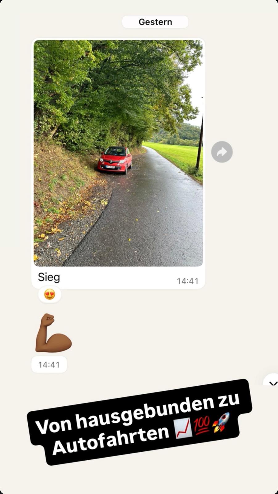 WhatsApp-Nachricht eines Klienten: Von hausgebunden zu eigenständigen Autofahrten.