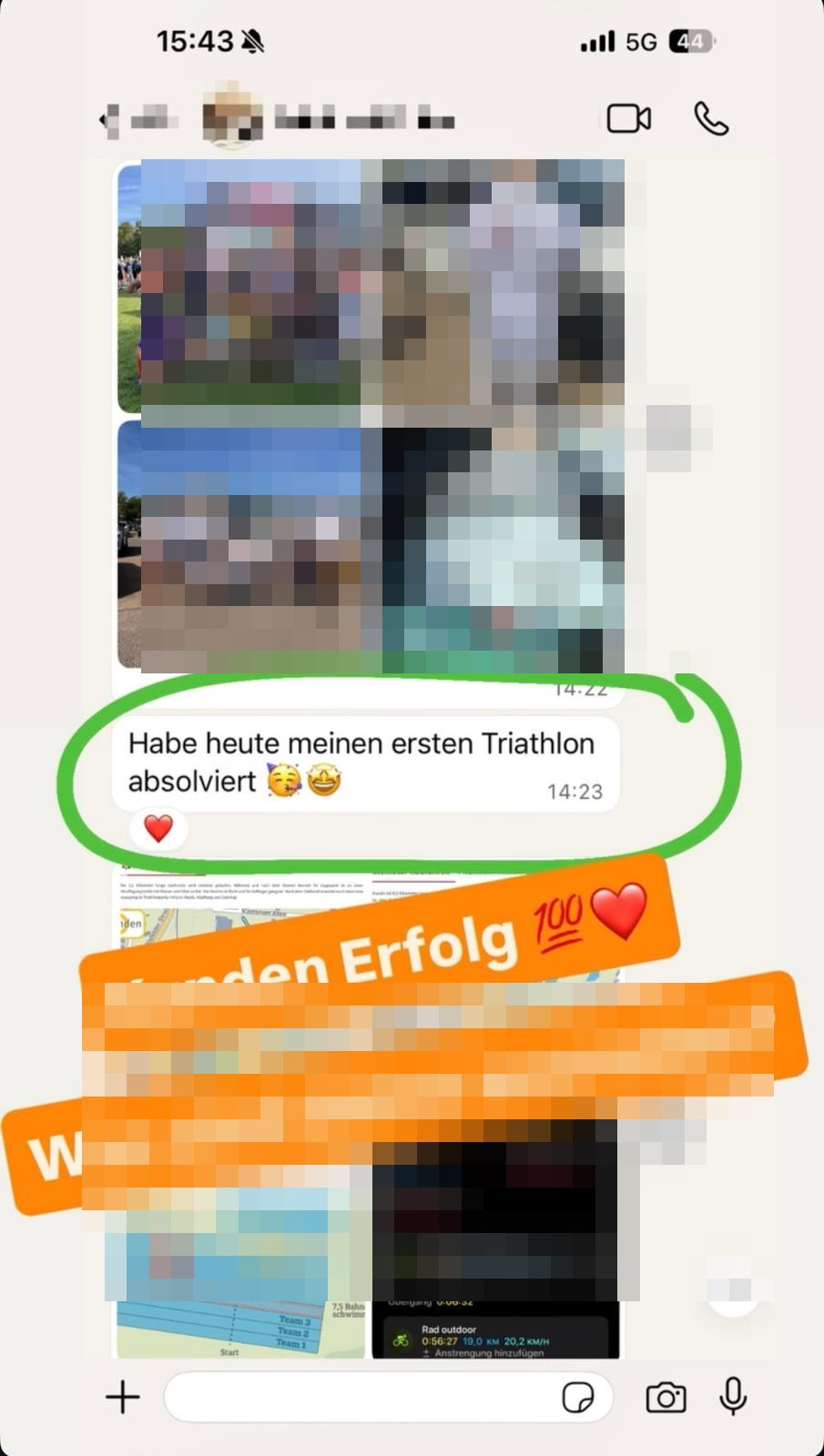 WhatsApp-Nachricht: Ersten Triathlon absolviert.